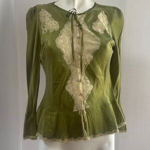 Free People Olive Green Lace-Trim Peplum Tie Blouse